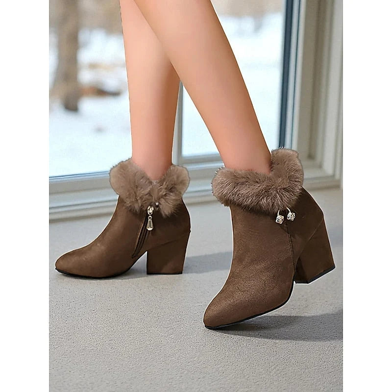 Ankle Boots Side Zip & Plush Collar Block Heel