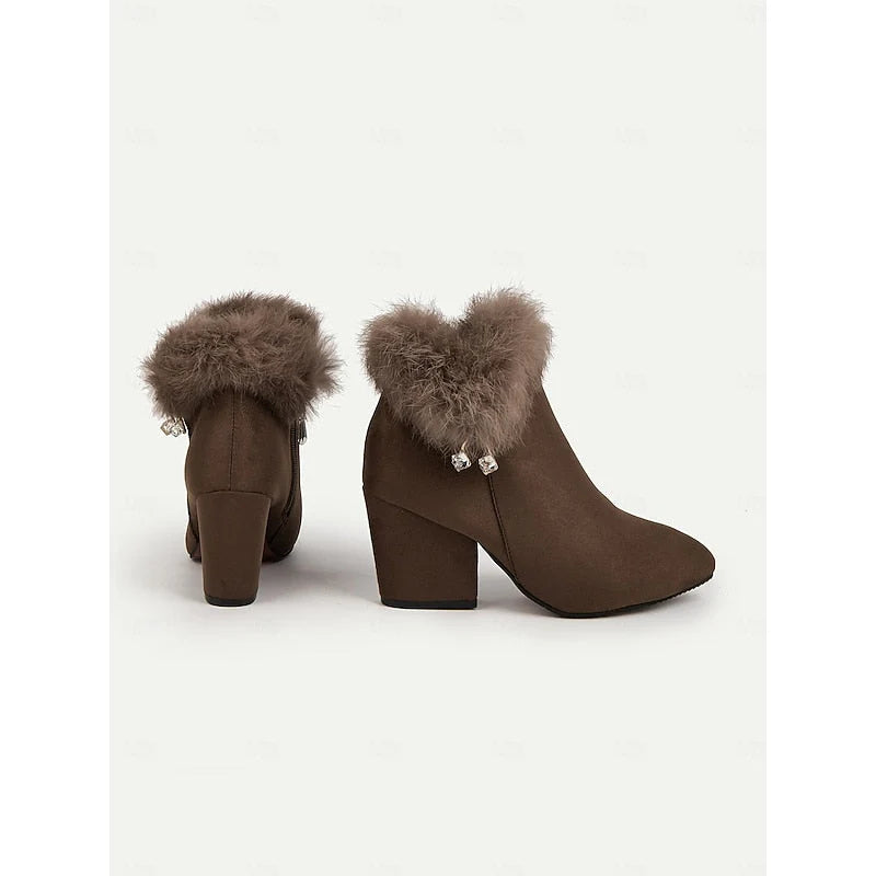 Ankle Boots Side Zip & Plush Collar Block Heel