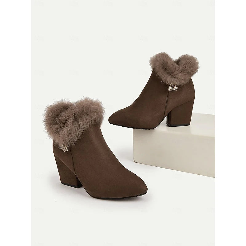 Ankle Boots Side Zip & Plush Collar Block Heel