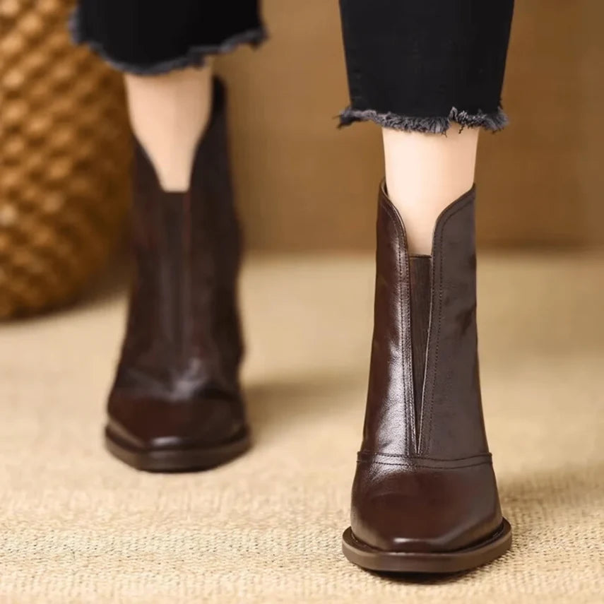 Ankle Boots Smooth Leather V-Cut Opening Wide Stacked Heel
