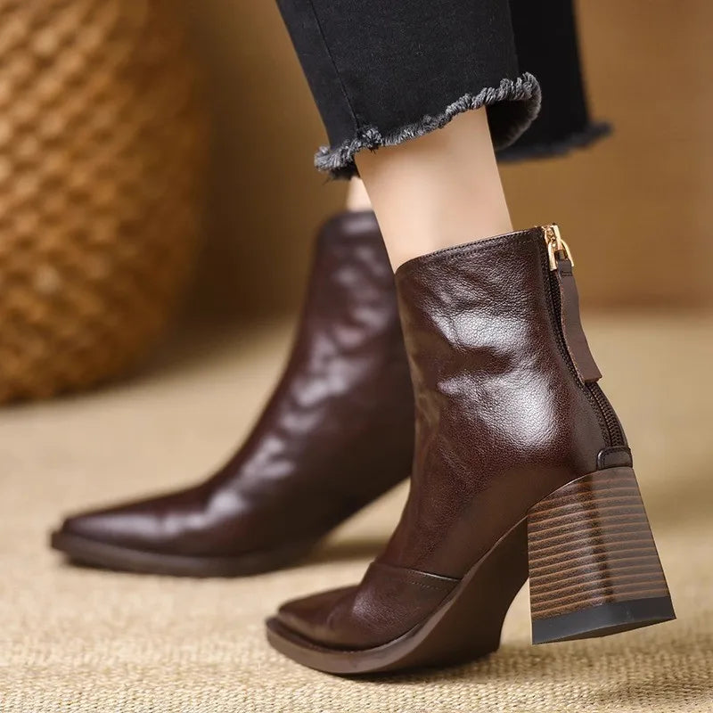 Ankle Boots Smooth Leather V-Cut Opening Wide Stacked Heel