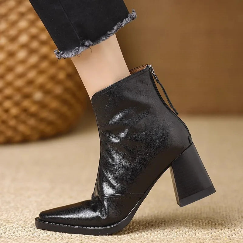 Ankle Boots Smooth Leather V-Cut Opening Wide Stacked Heel
