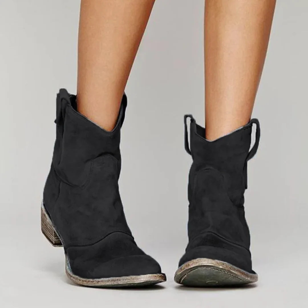 Ankle Boots Western Pull-On Rounded Toe & Low Block Heel