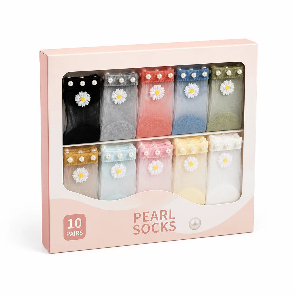 Ankle Socks Pearl-Embellished Ultra-Thin Set of 10