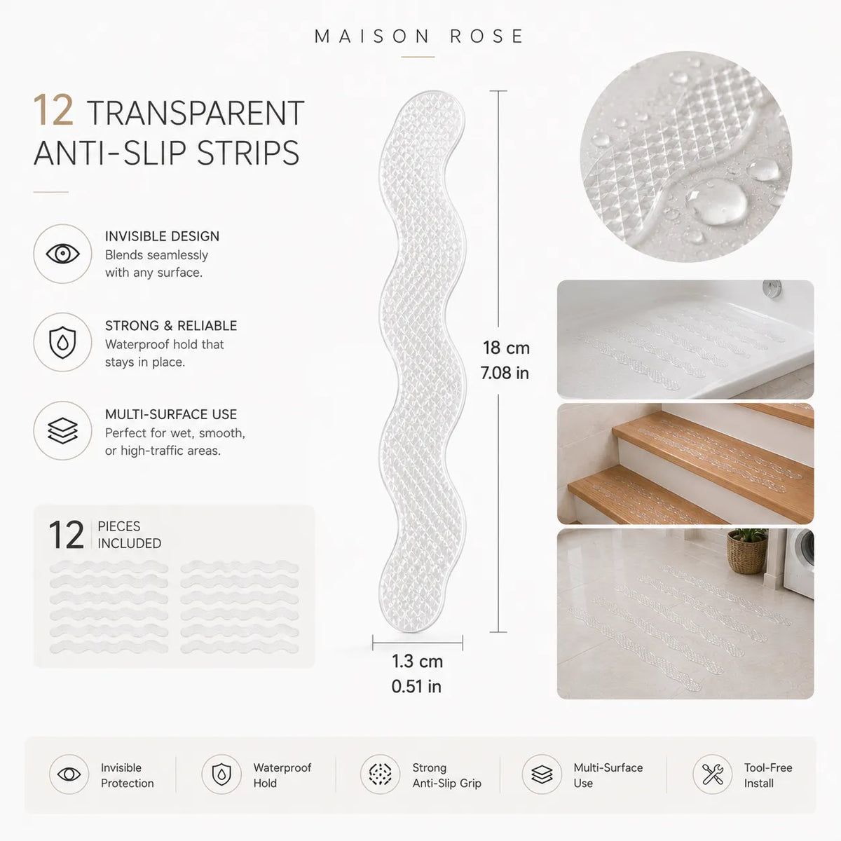 Anti-Slip Strips Clear S-Shaped Design