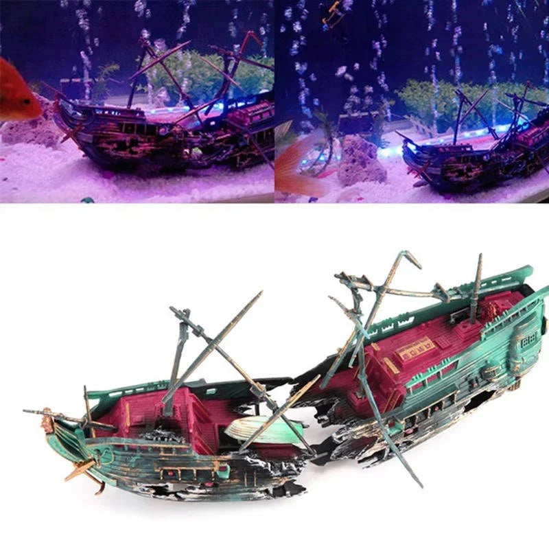 Aquarium Decoration Sunken Boat Air Tubing & Swim Openings