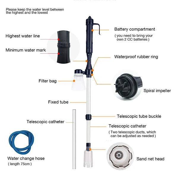 Aquarium Gravel Cleaner Battery-Powered Adjustable Tube Filter Bag