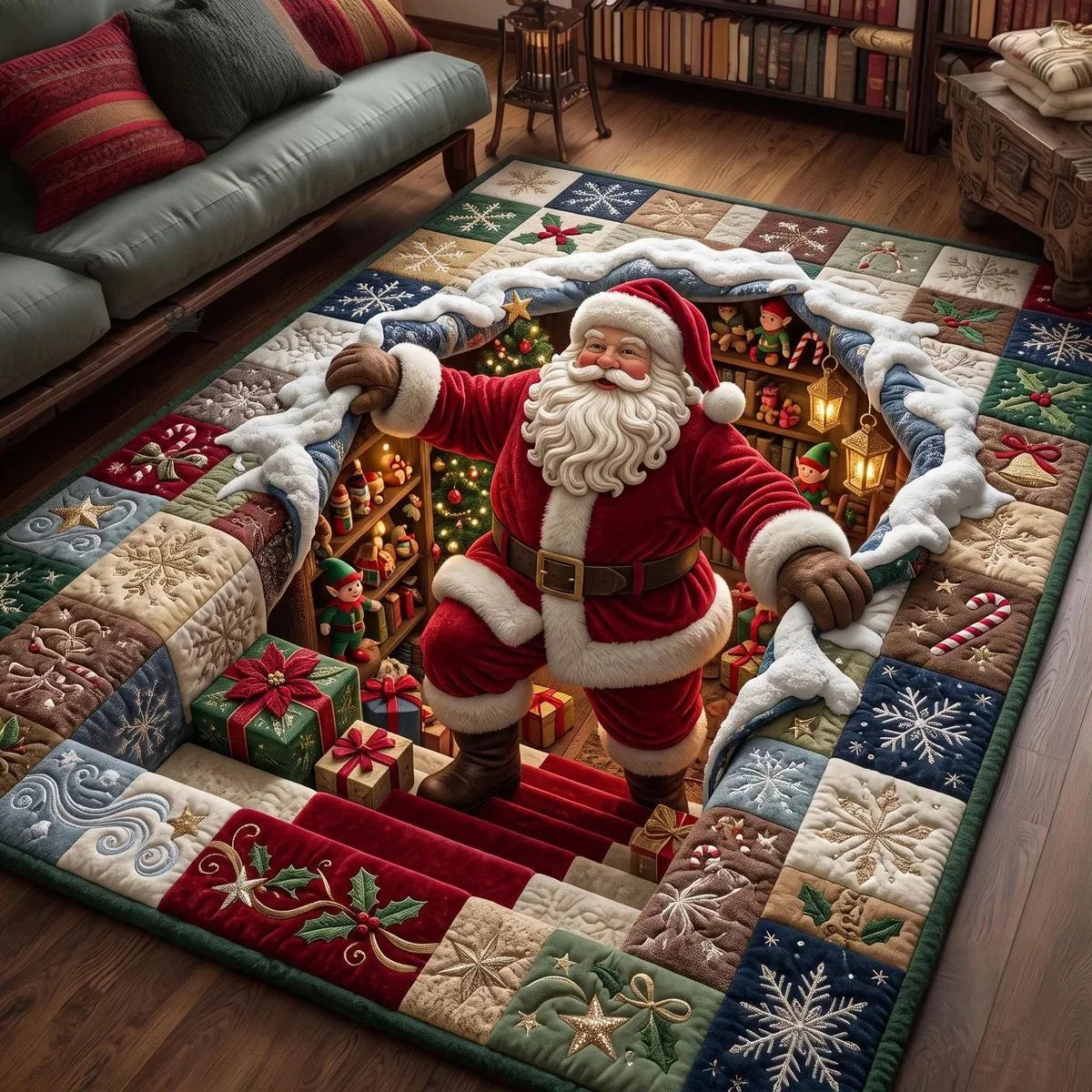 Area Rug Quilted Festive Gnome Design Machine Washable