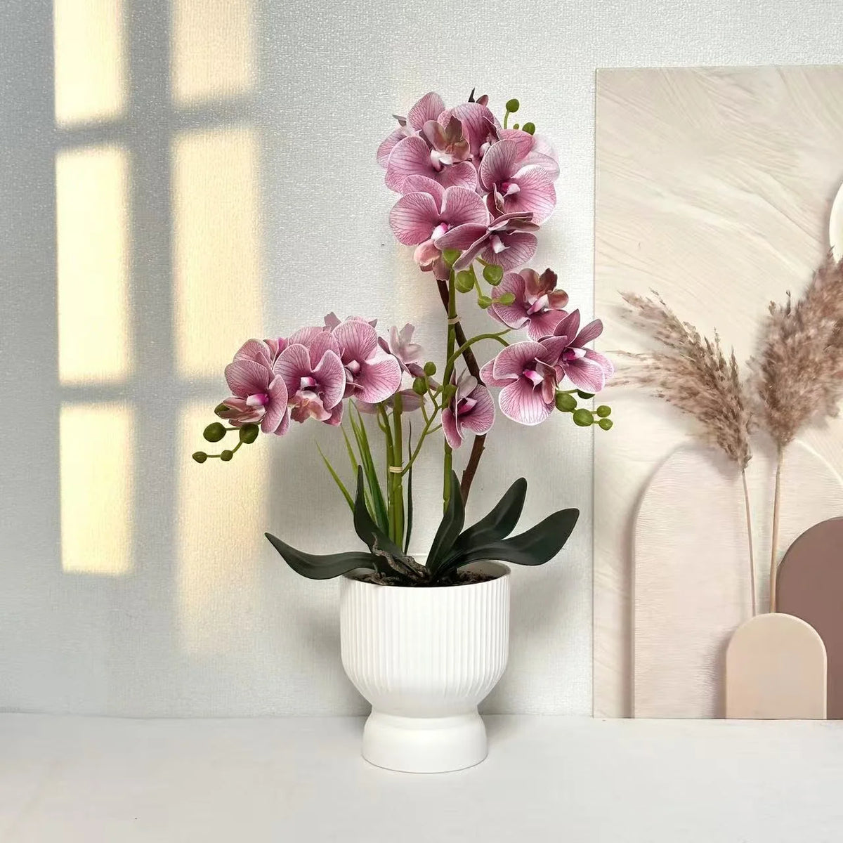 Artificial Orchid Arrangement Lifelike Fluted White Pot