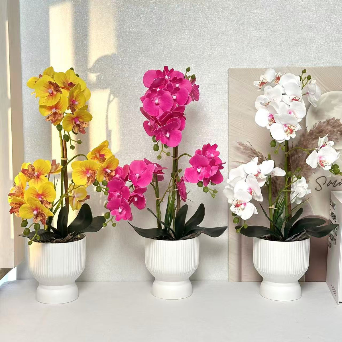 Artificial Orchid Arrangement Lifelike Fluted White Pot