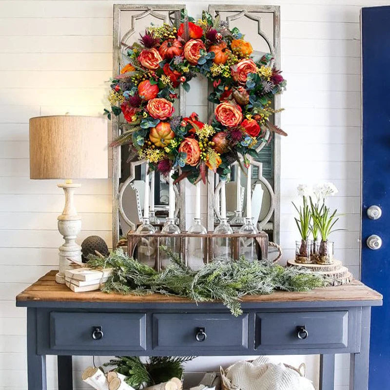 Autumn Wreath Artificial Flowers Mini Pumpkins Eucalyptus
