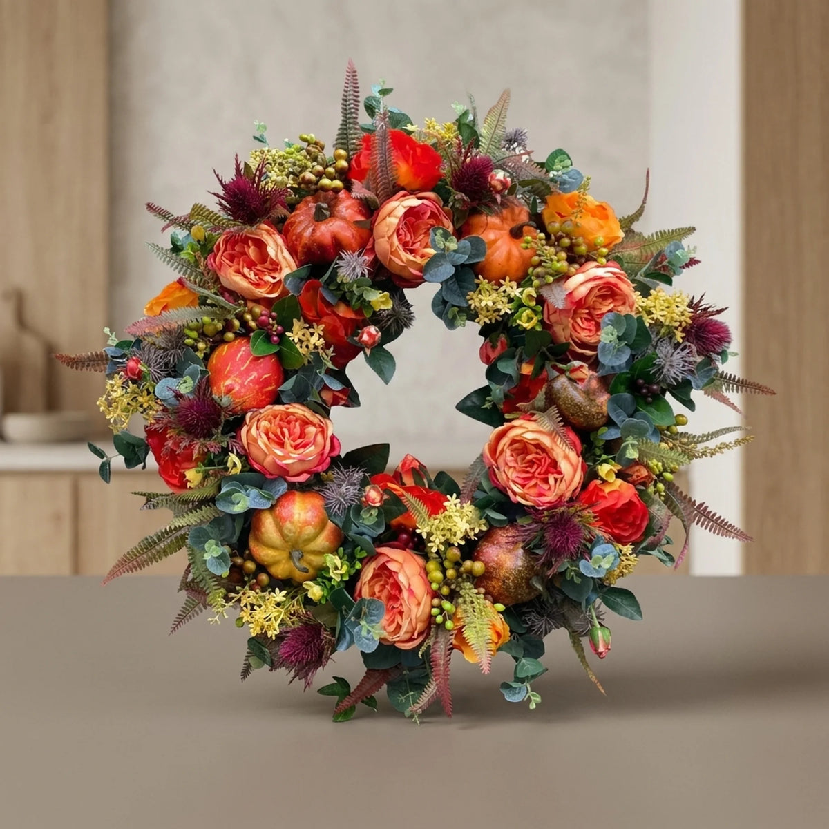 Autumn Wreath Rattan Faux Pumpkin & Leaf Design