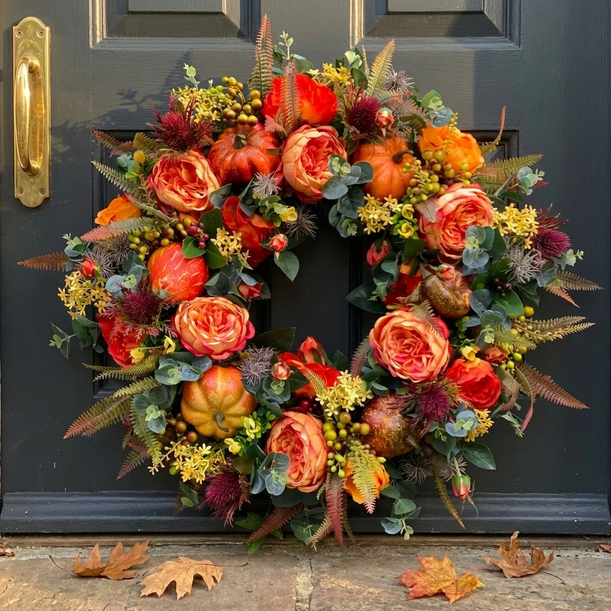 Autumn Wreath Rattan Faux Pumpkin & Leaf Design