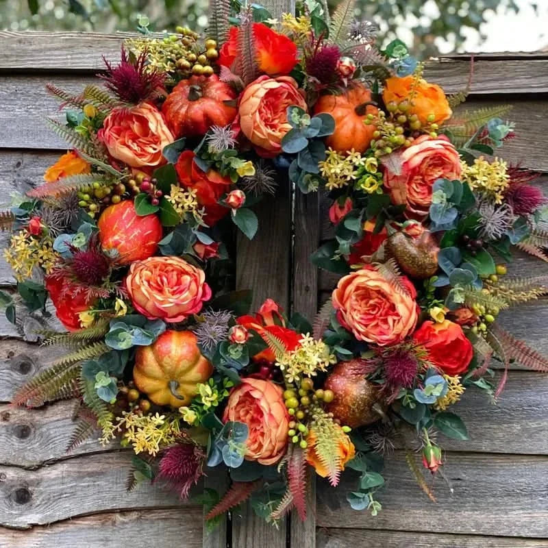 Autumn Wreath Rattan Faux Pumpkin & Leaf Design