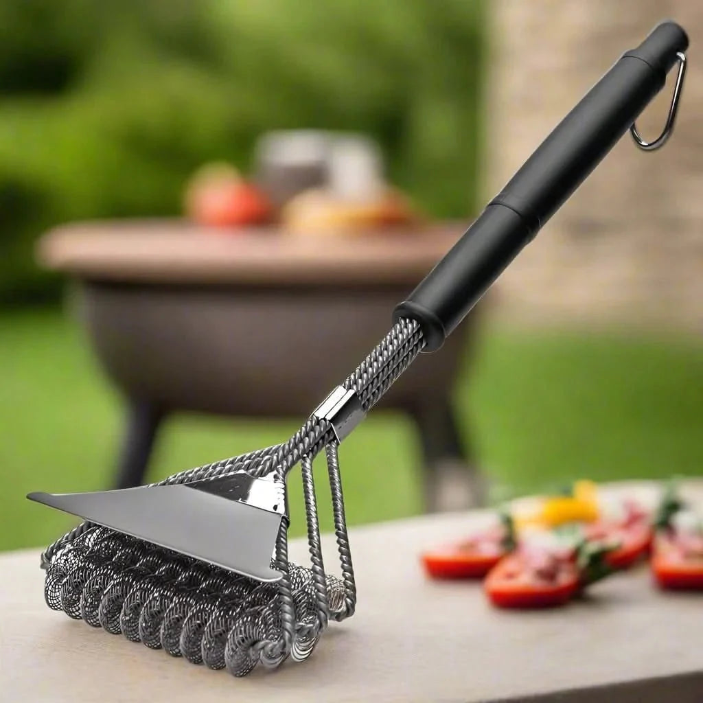 BBQ Grill Brush Bristle-Free Stainless Steel Three-Head Design