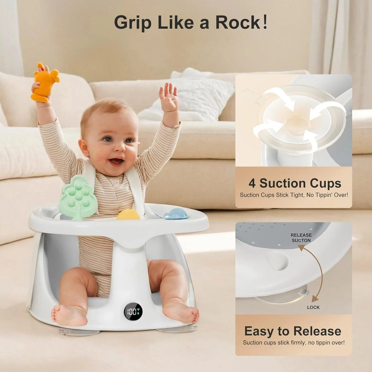 Baby Bath Seat Non-Slip Suction Cups Temperature Display