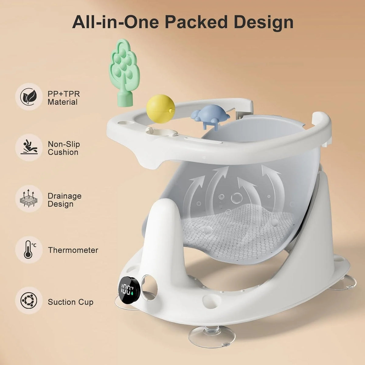 Baby Bath Seat Non-Slip Suction Cups Temperature Display