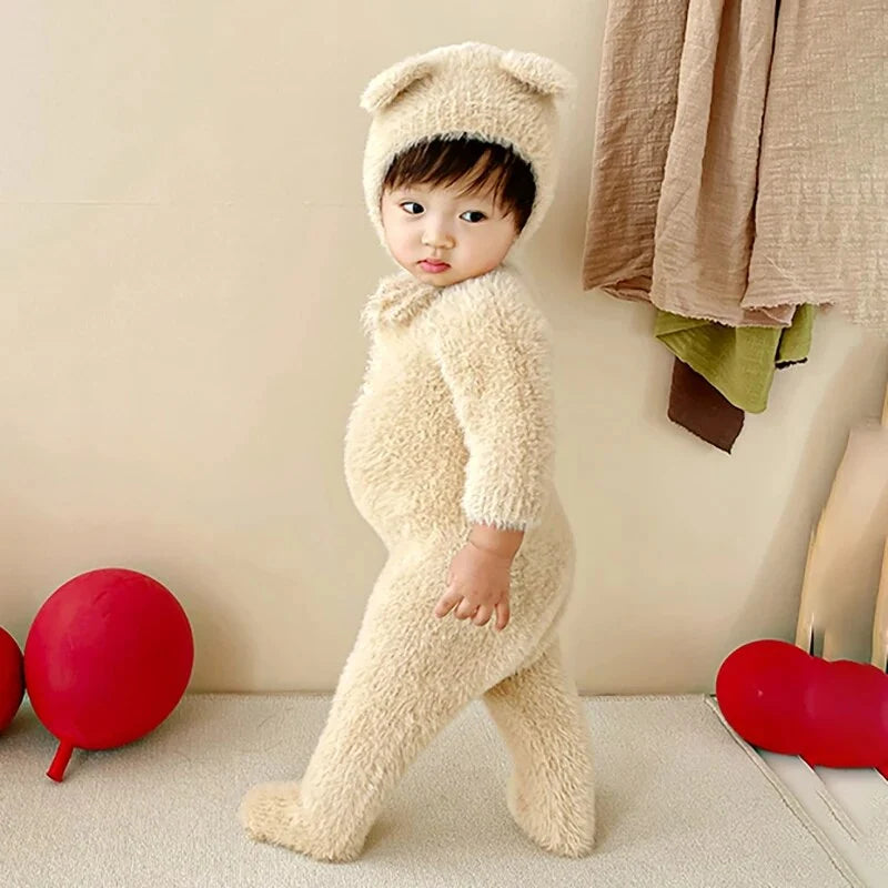 Baby Jumpsuit Plush Bear Print Warmth