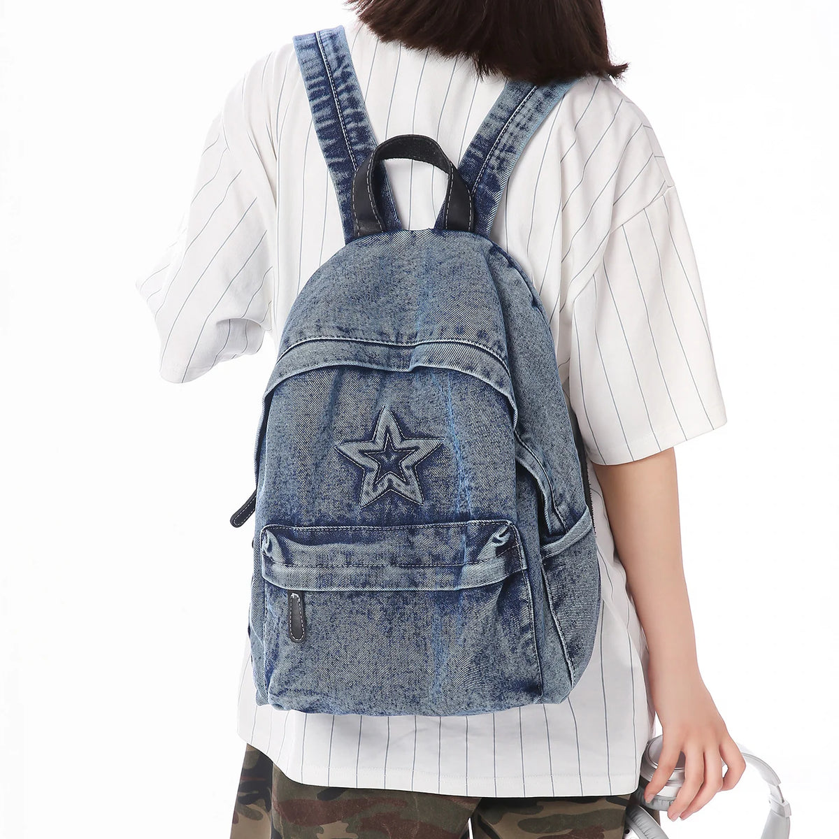 Backpack Denim Multiple Pockets Adjustable Padded Straps