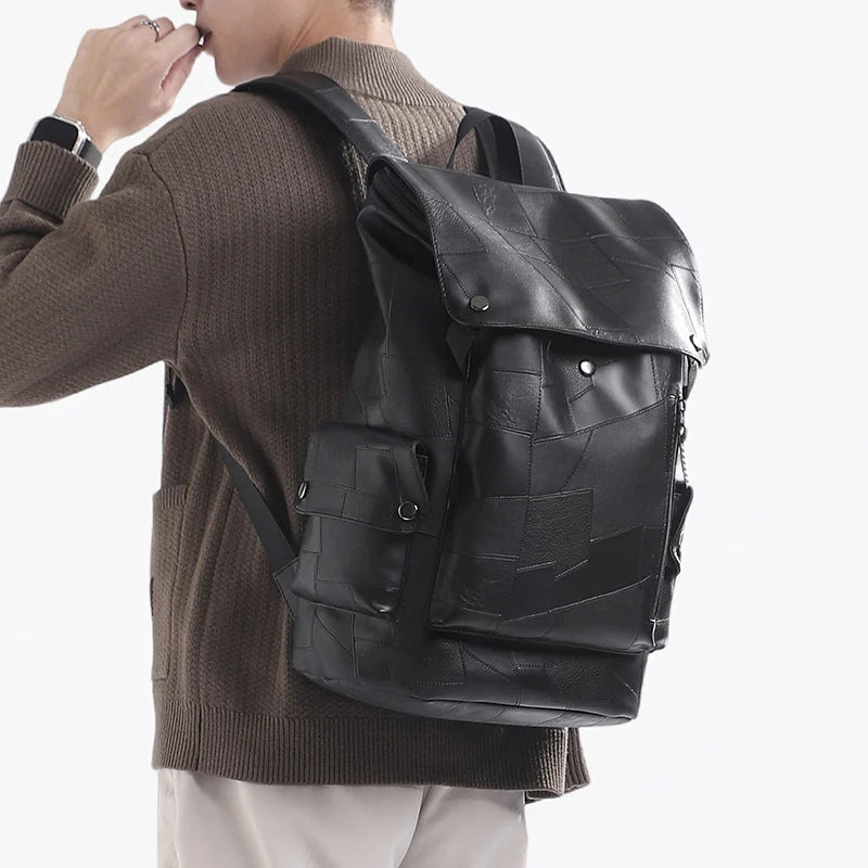 Backpack Genuine Leather Laptop Compartment Patchwork Design