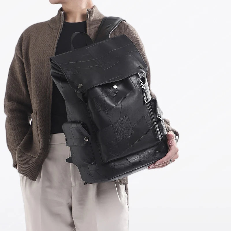 Backpack Genuine Leather Laptop Compartment Patchwork Design