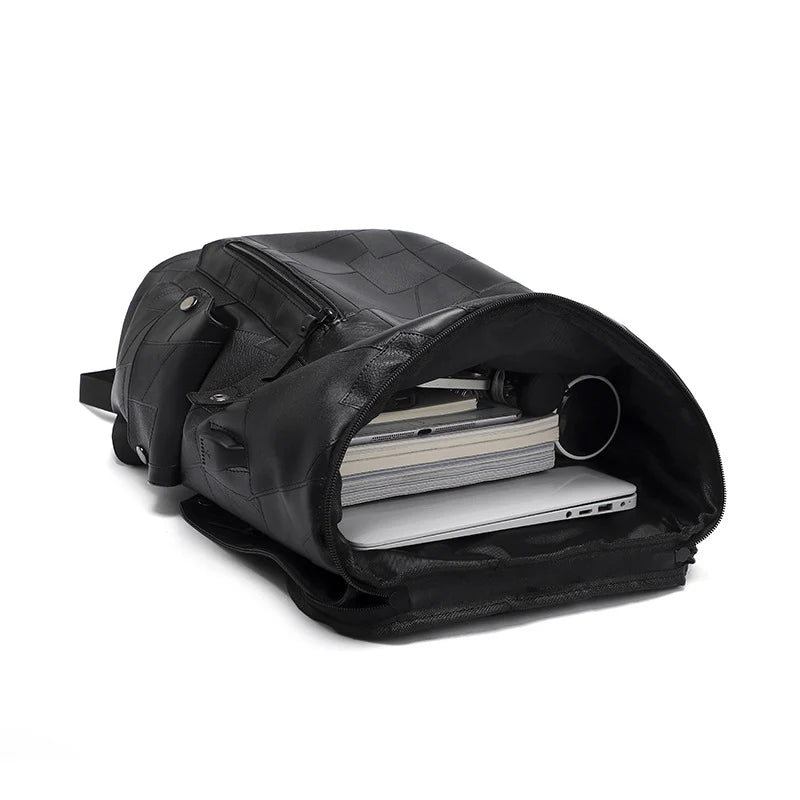 Backpack Genuine Leather Laptop Compartment Patchwork Design