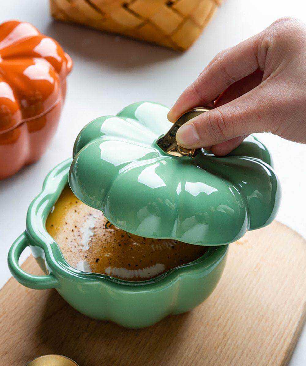 Baking Bowl Ceramic Pumpkin Shape With Glazed Lid