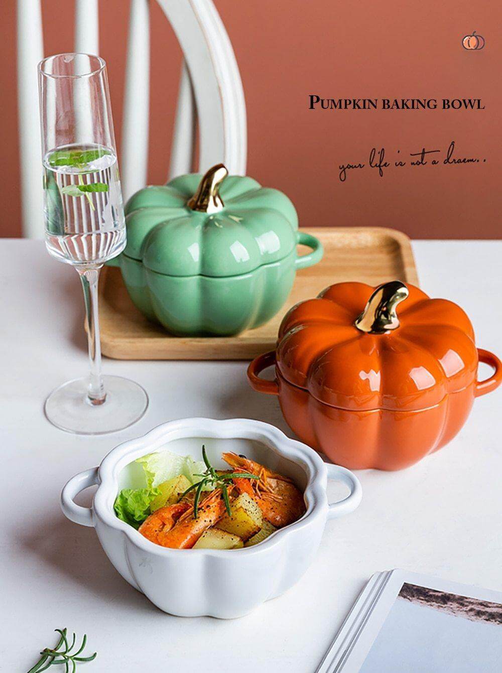 Baking Bowl Ceramic Pumpkin Shape With Glazed Lid