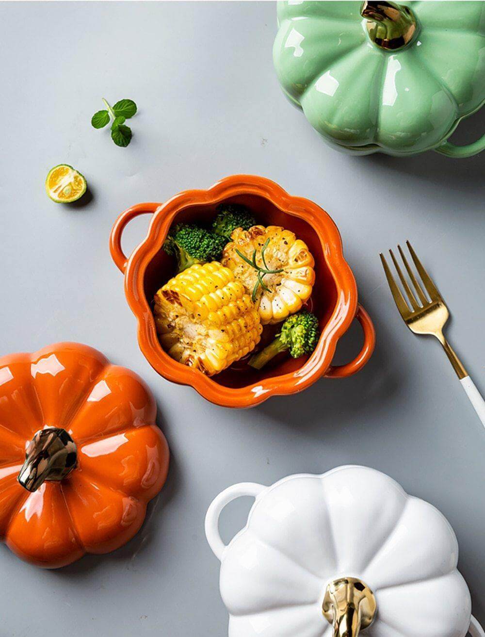 Baking Bowl Ceramic Pumpkin Shape With Glazed Lid