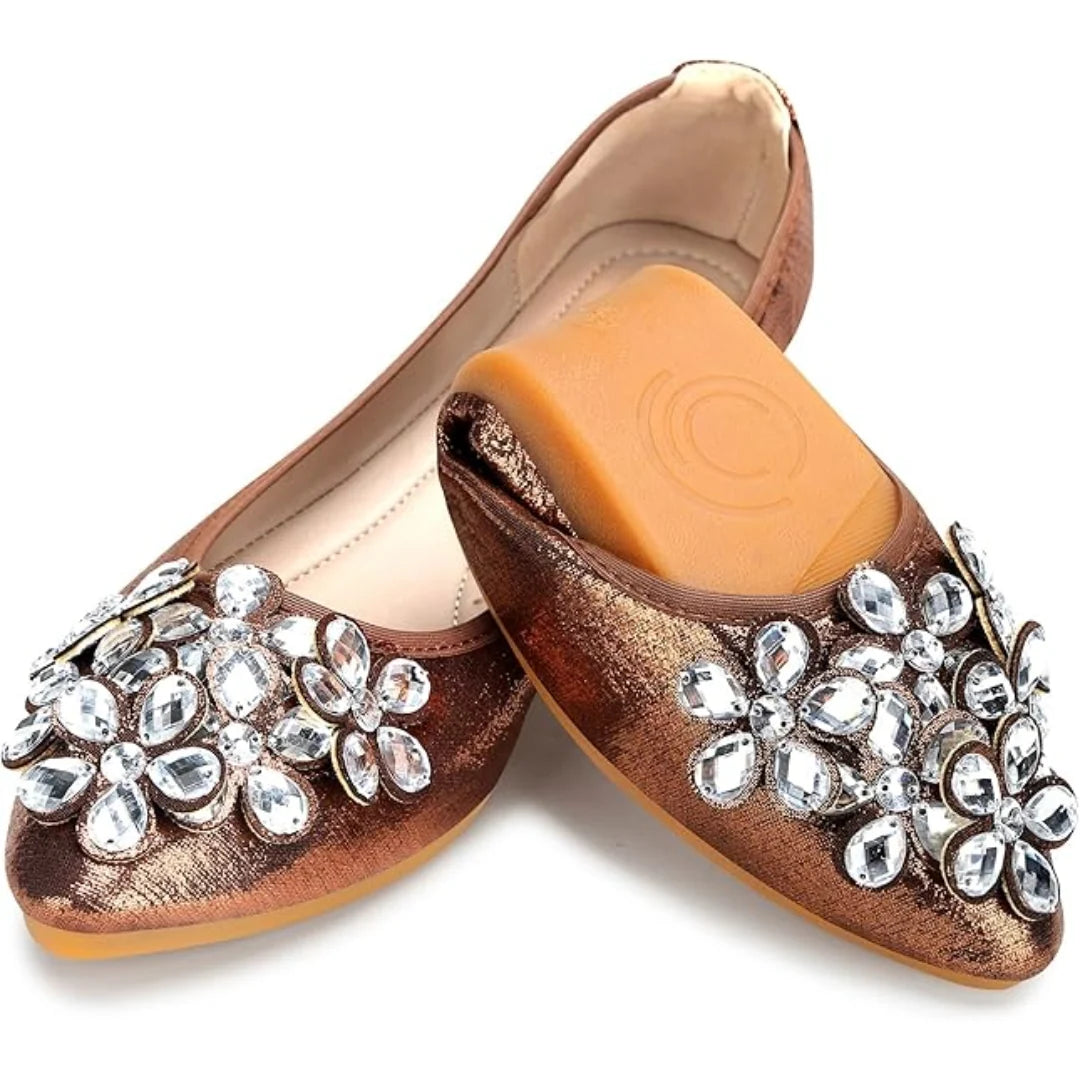 Ballet Flats Rhinestone Embellished Foldable Lightweight Slip-On