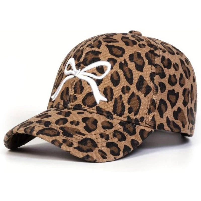 Baseball Cap Leopard Print Embroidered Bow Adjustable Fit