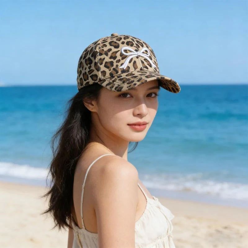 Baseball Cap Leopard Print Embroidered Bow Adjustable Fit