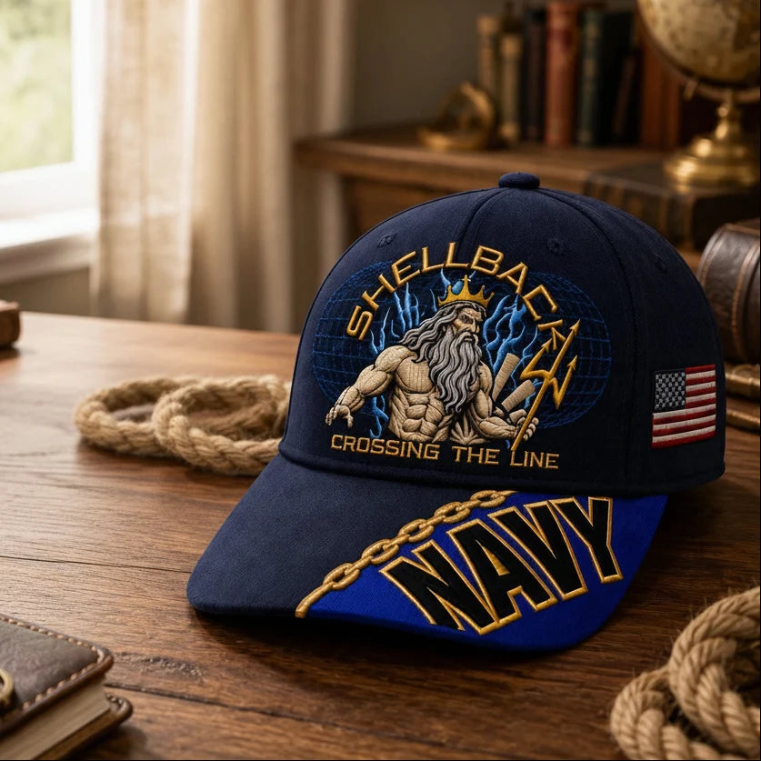 Baseball Cap Navy Blue Adjustable Gold Chain Brim Detail