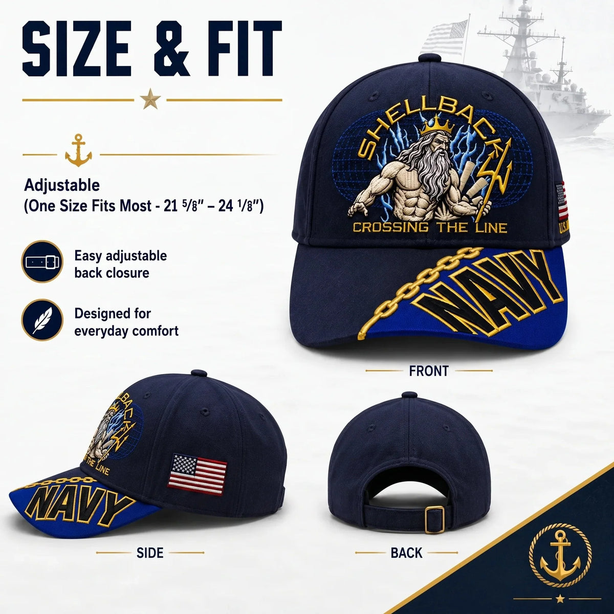 Baseball Cap Navy Blue Adjustable Gold Chain Brim Detail