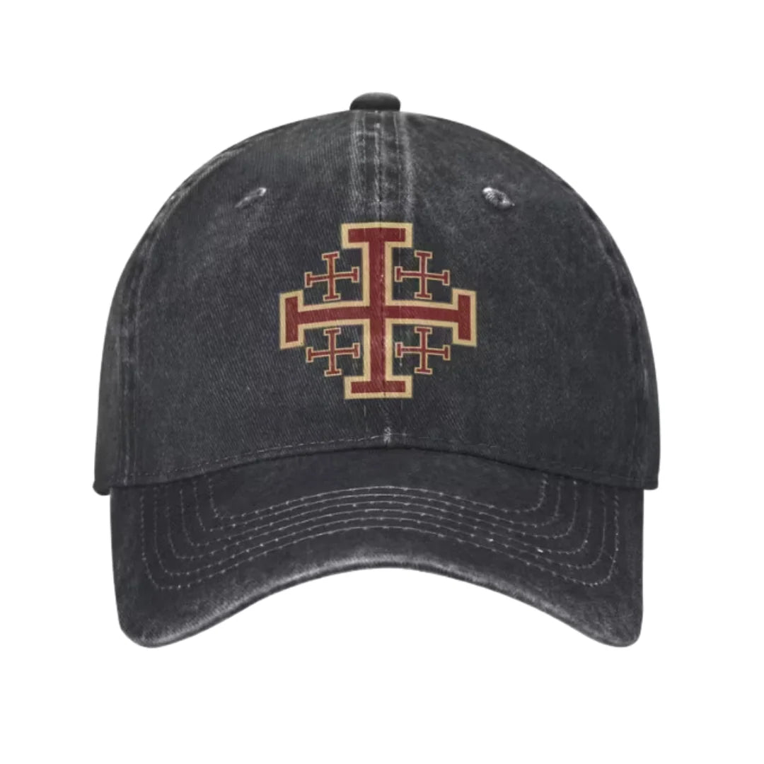Baseball Cap Washed Cotton Twill Adjustable Jerusalem Cross Graphic
