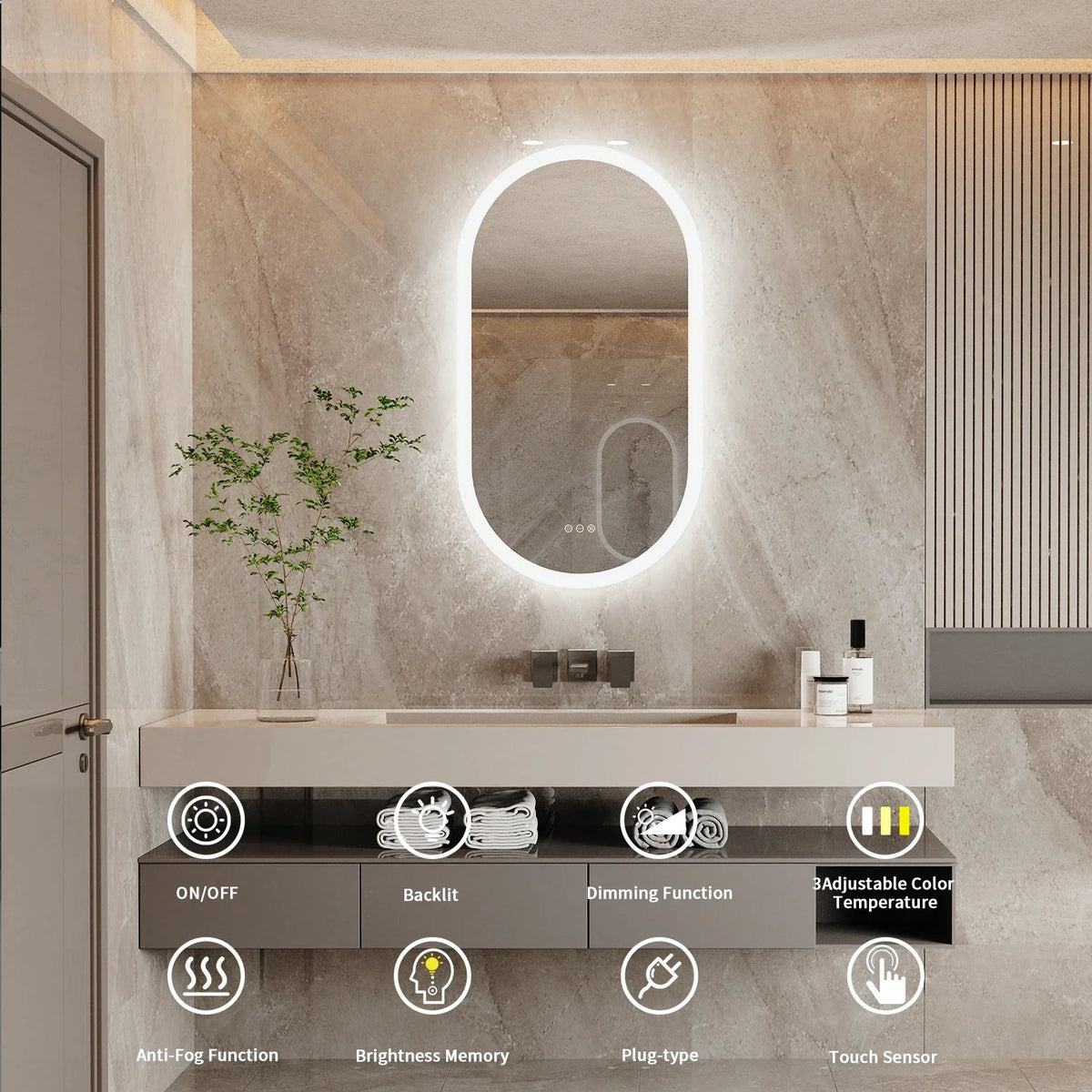 Bathroom Mirror Oval Backlit LED Touch Dimming Anti-Fog