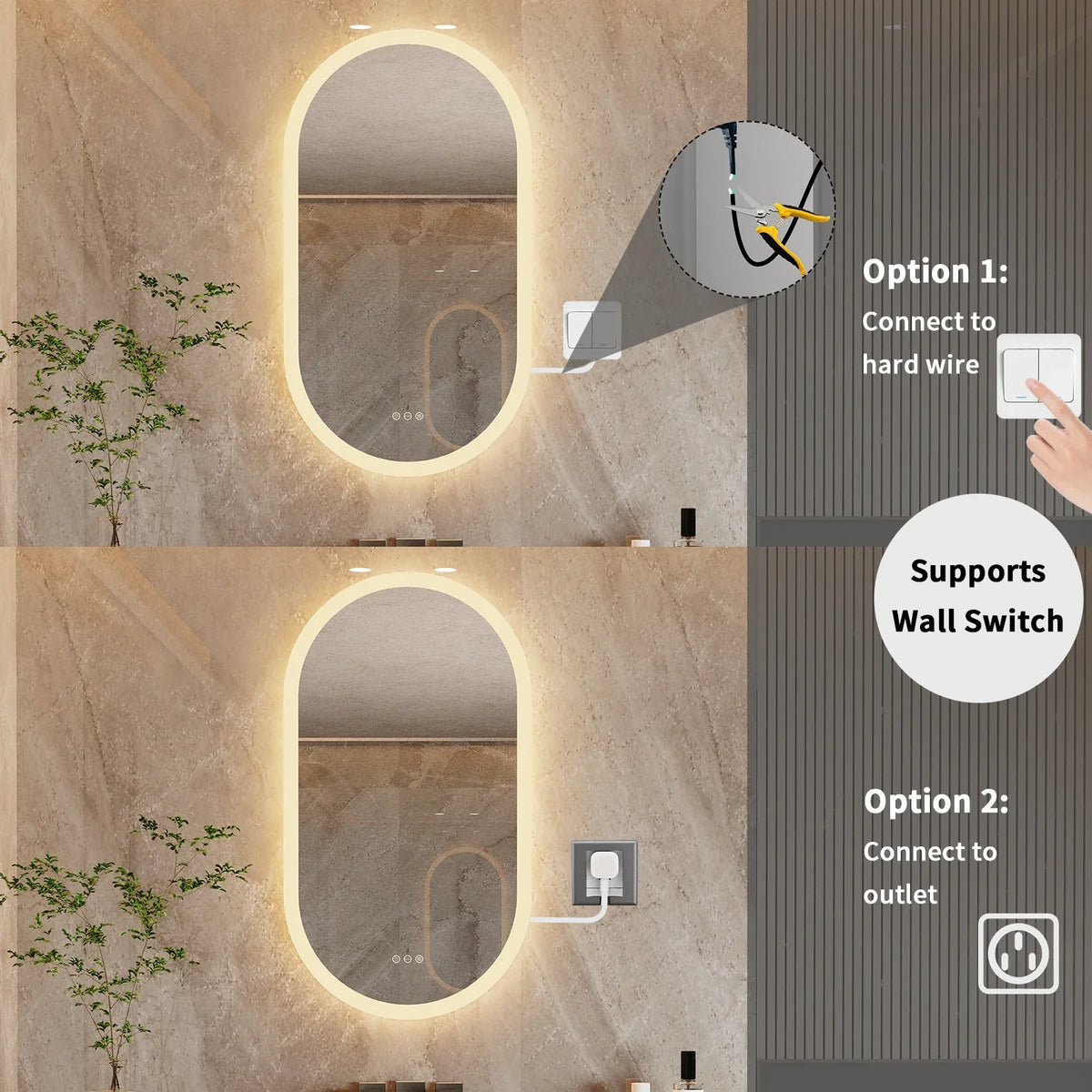 Bathroom Mirror Oval Backlit LED Touch Dimming Anti-Fog