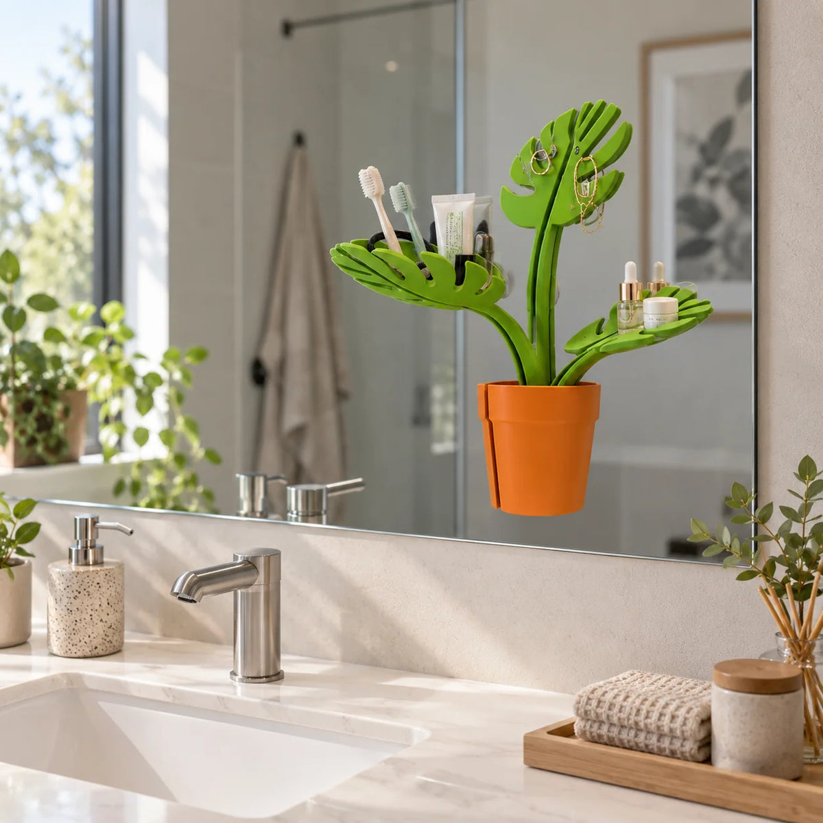 Bathroom Organizer Adhesive Wall-Mount Plant Pot Design Leaf Holders