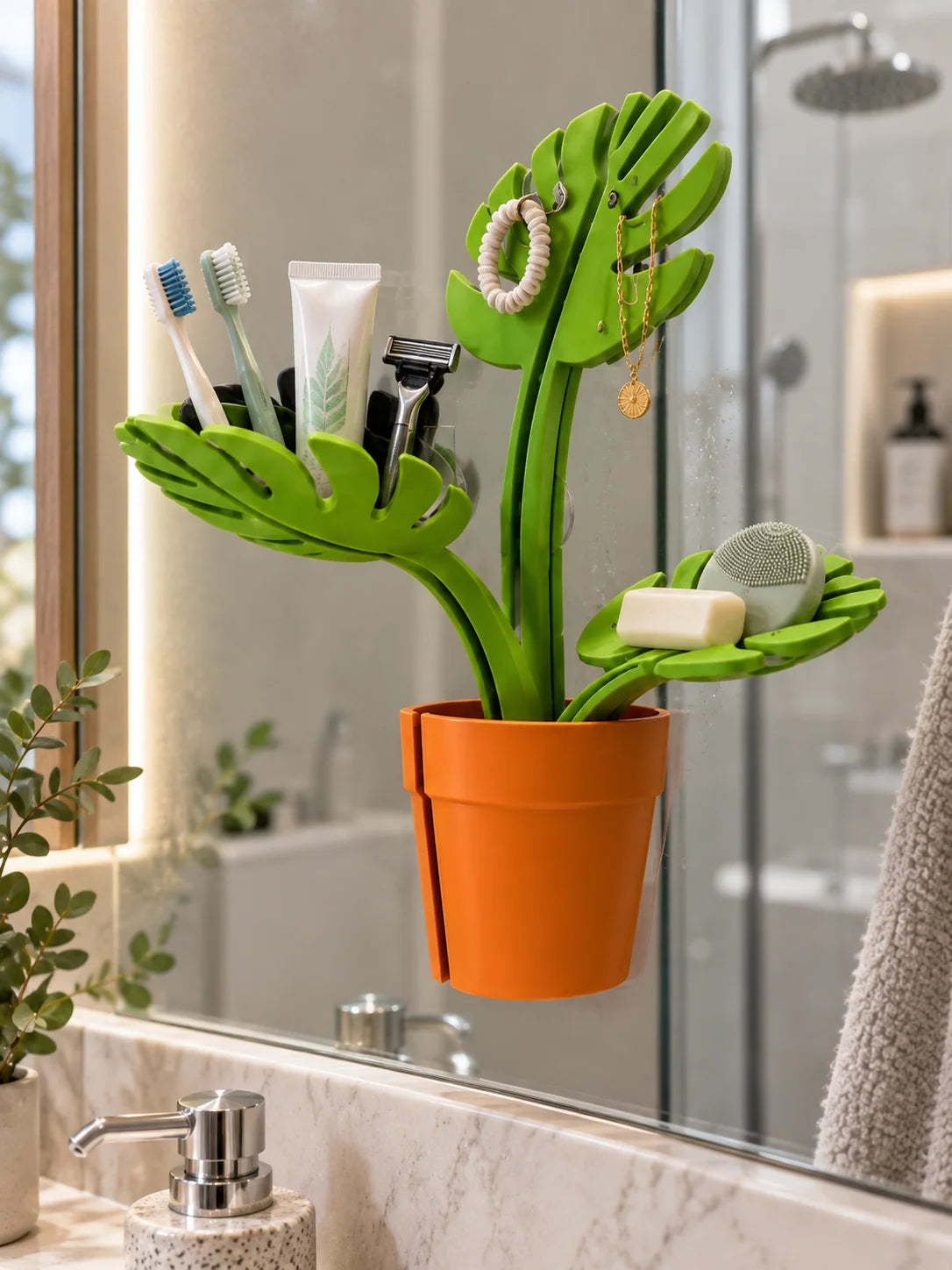 Bathroom Organizer Adhesive Wall-Mount Plant Pot Design Leaf Holders