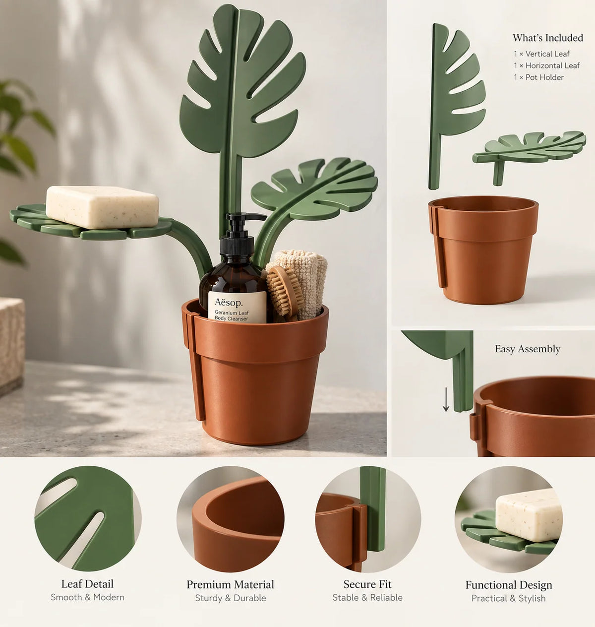 Bathroom Organizer Adhesive Wall-Mount Plant Pot Design Leaf Holders
