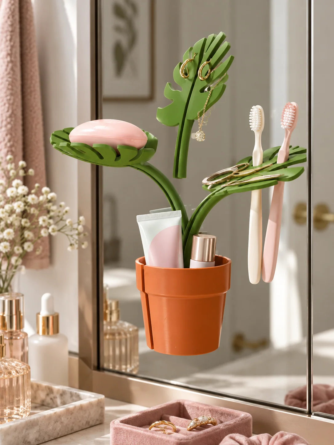 Bathroom Organizer Adhesive Wall-Mount Plant Pot Design Leaf Holders
