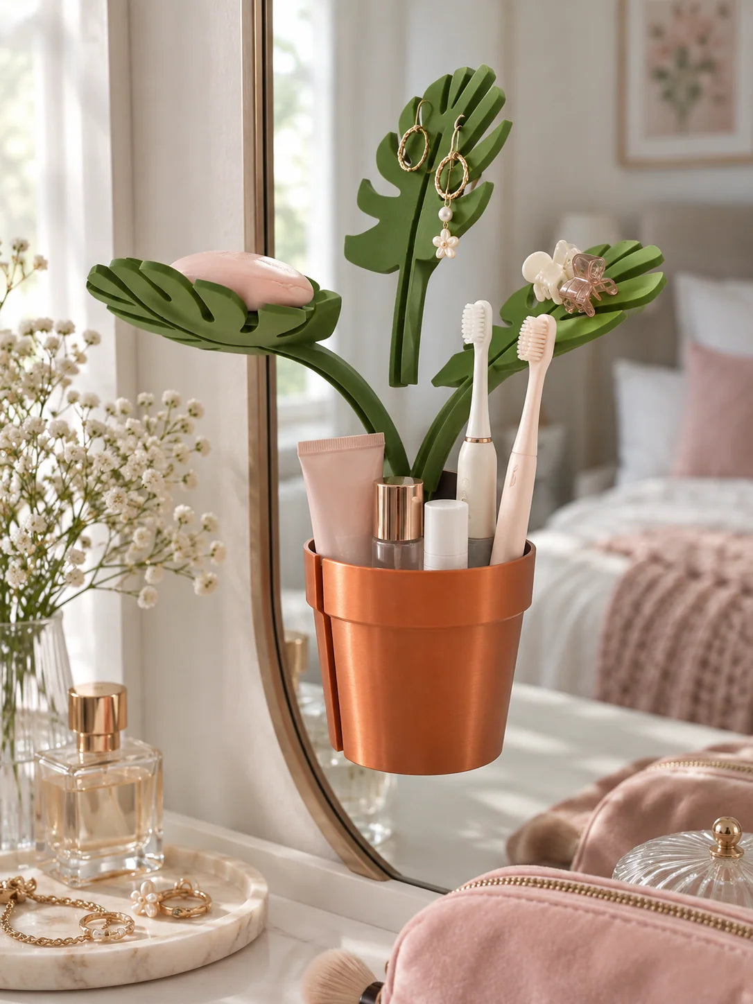 Bathroom Organizer Adhesive Wall-Mount Plant Pot Design Leaf Holders
