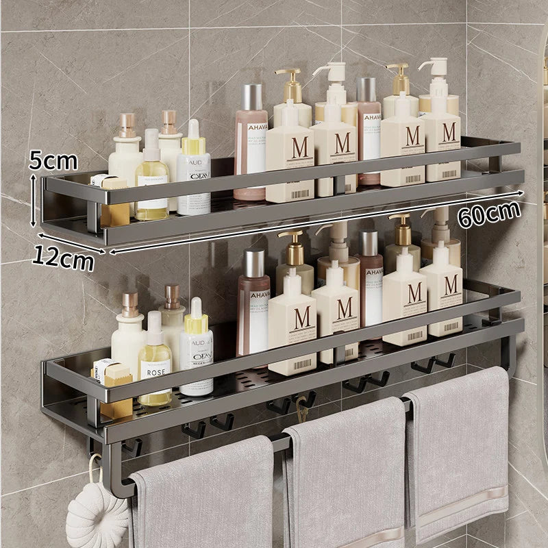 Bathroom Shelf Wall-Mounted With Towel Bar & Hooks