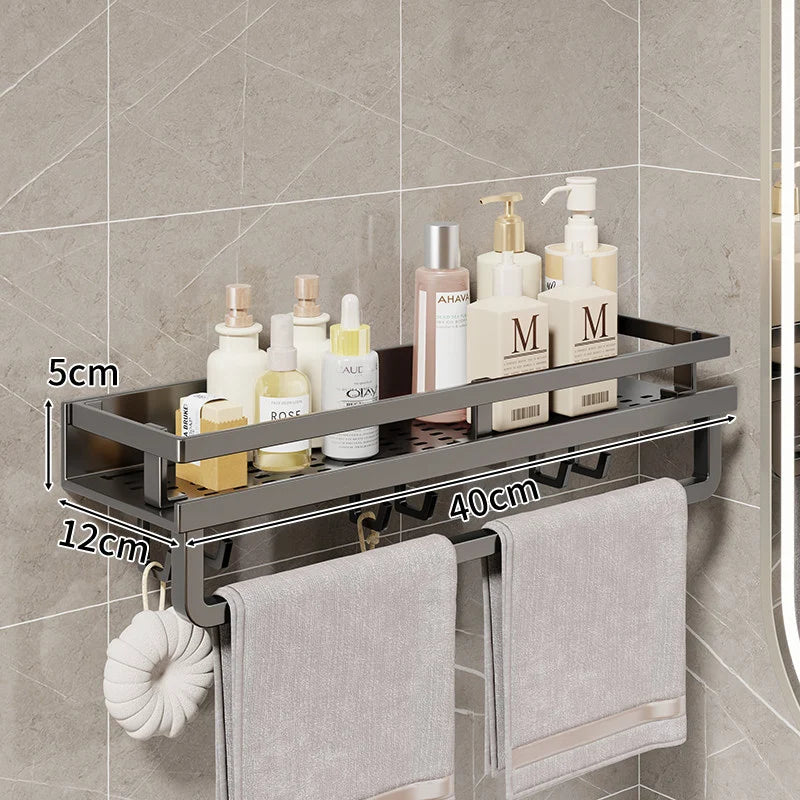 Bathroom Shelf Wall-Mounted With Towel Bar & Hooks
