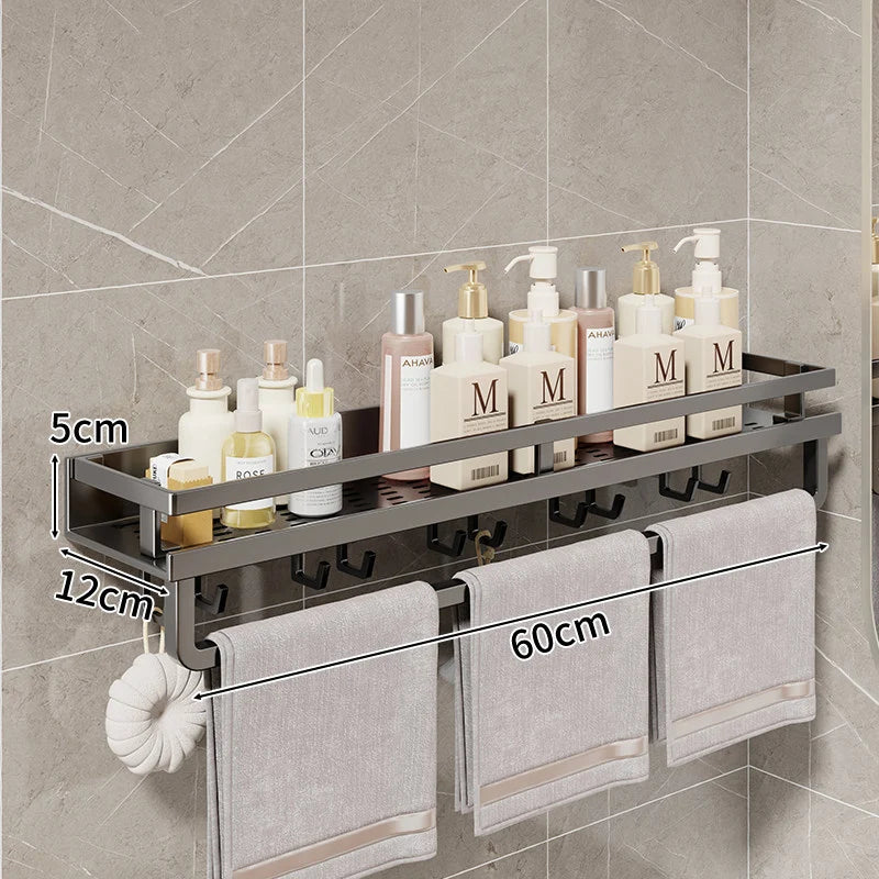 Bathroom Shelf Wall-Mounted With Towel Bar & Hooks