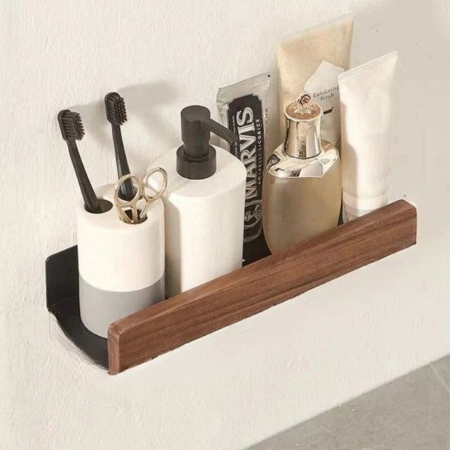 Bathroom Wall Shelf Solid Wood Self-Adhesive Water-Resistant Coating