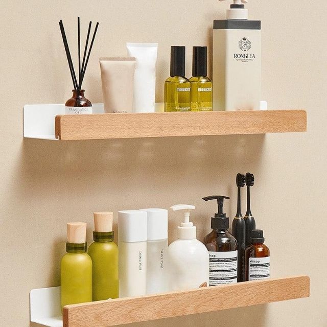 Bathroom Wall Shelf Solid Wood Self-Adhesive Water-Resistant Coating