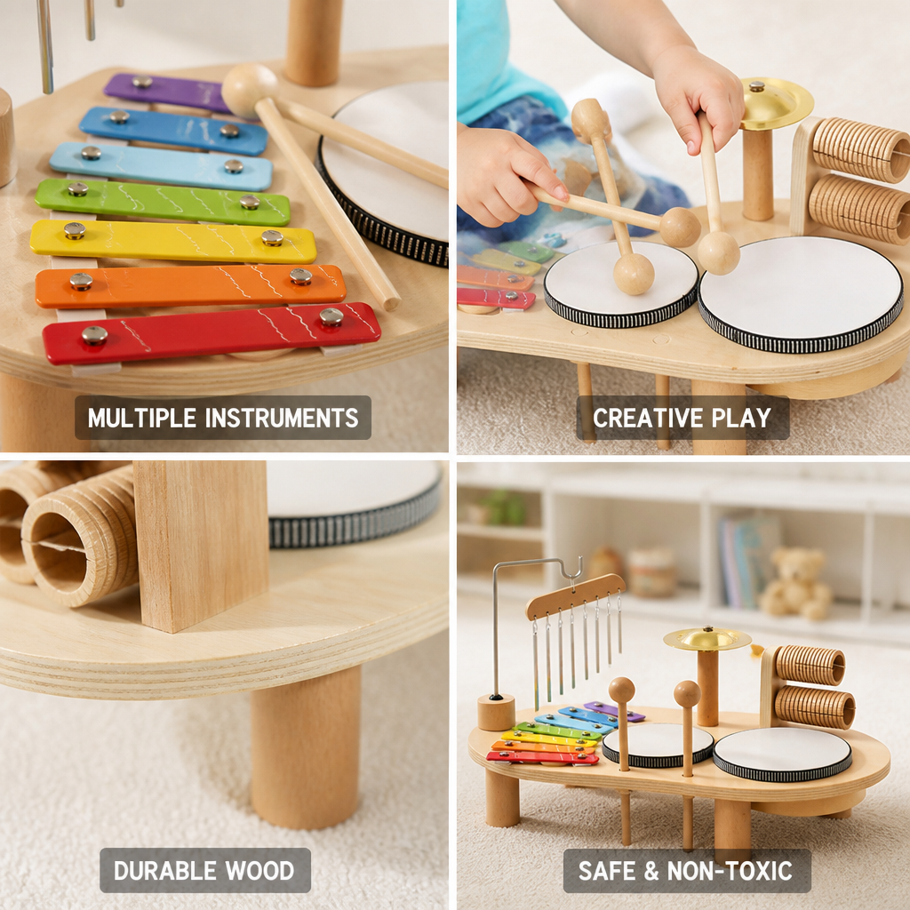 Battery-Free Non-Toxic Wood Musical Toy Set (Xylophone, Drums & Bells)