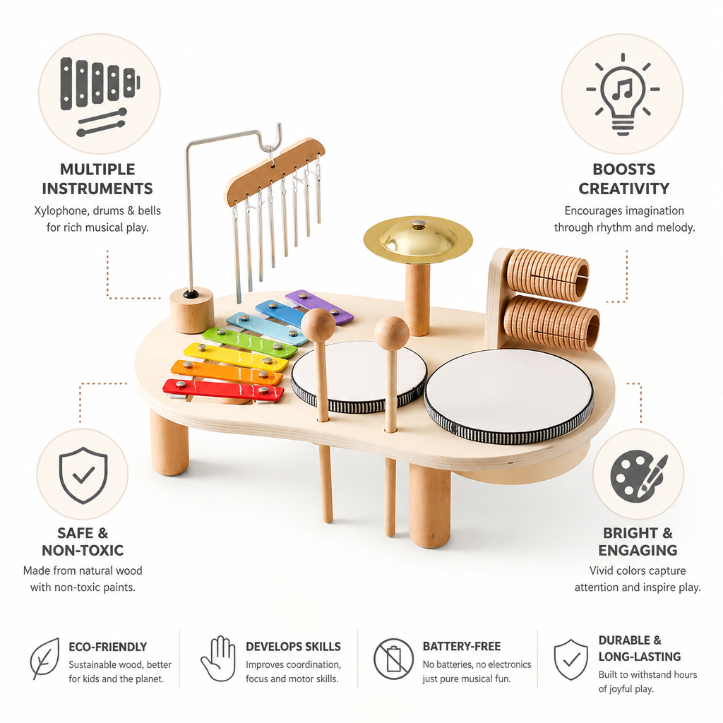 Battery-Free Non-Toxic Wood Musical Toy Set (Xylophone, Drums & Bells)