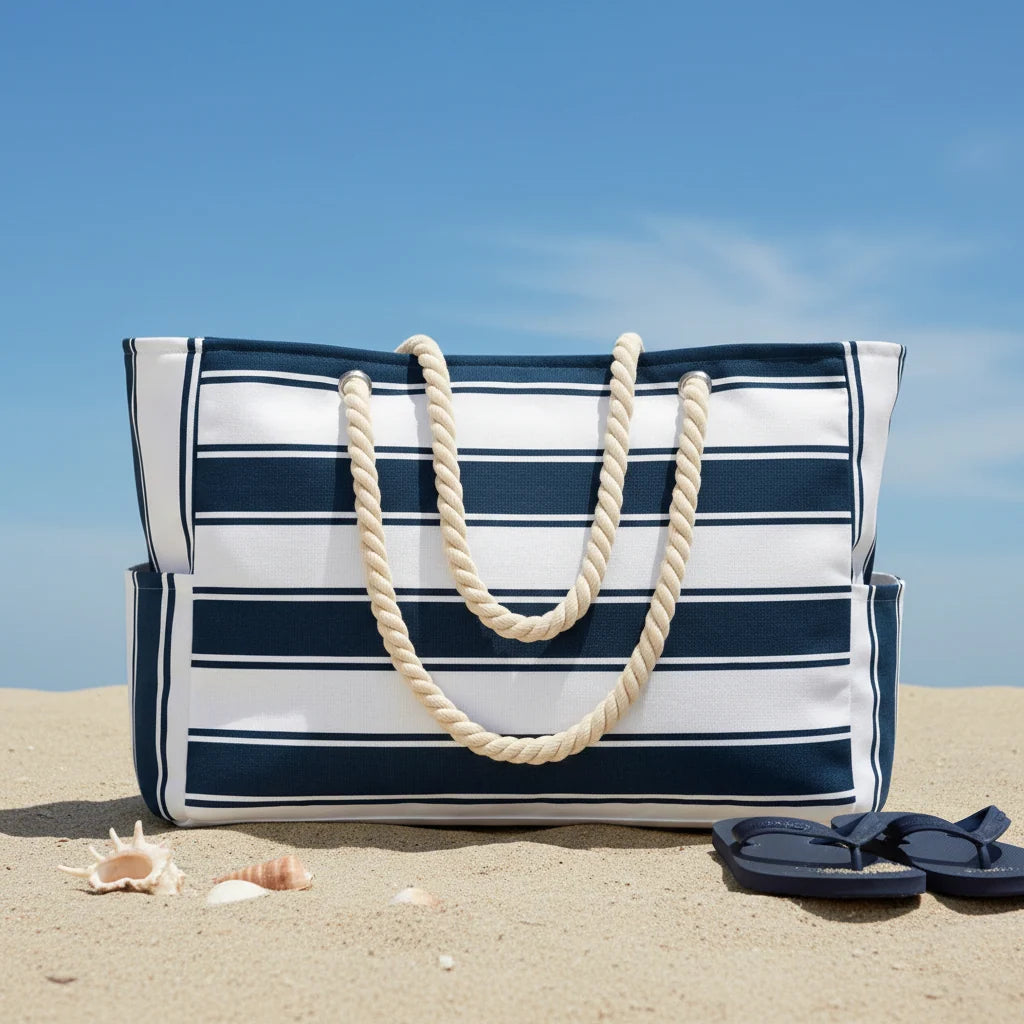 Beach Tote Bag Water-Resistant Foldable Zippered Multiple Pockets